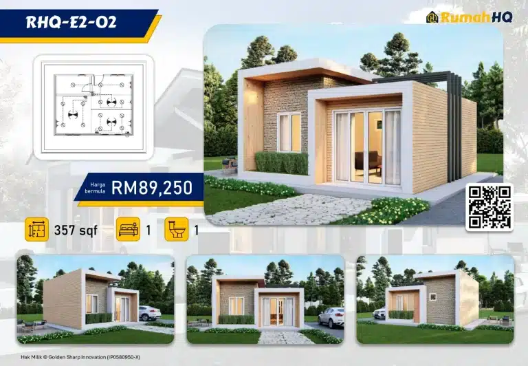 Modern compact house design with floor plan, 357 sqft, 1 bedroom, 1 bathroom, price starting RM89,250.