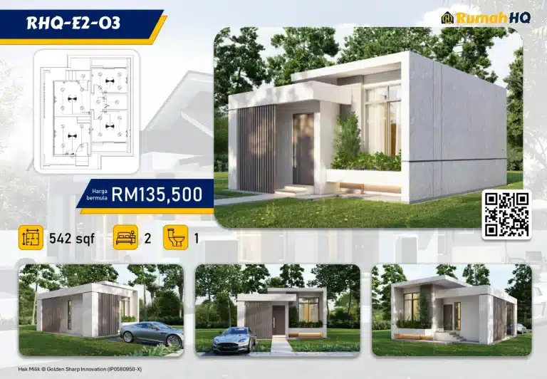 RHQ-E2-03 1 Modern single-story house with sleek design, 542 sq ft, 2 bedrooms, 1 bath. Priced at RM135,500 by Rumah HQ.
