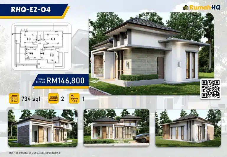 Modern single-story house design 734 sqft, 2 bedrooms, 1 bathroom, starting from RM146,800. QR code included.