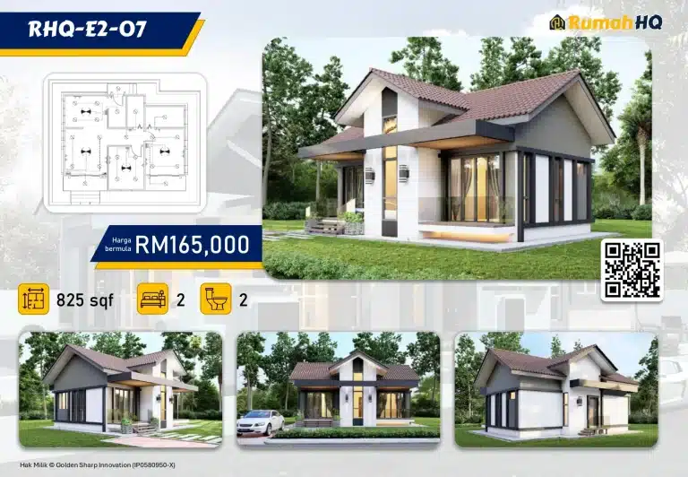 Modern single-story house design, 825 sqft, 2 bedrooms, 2 bathrooms, RM165,000, surrounded by greenery.