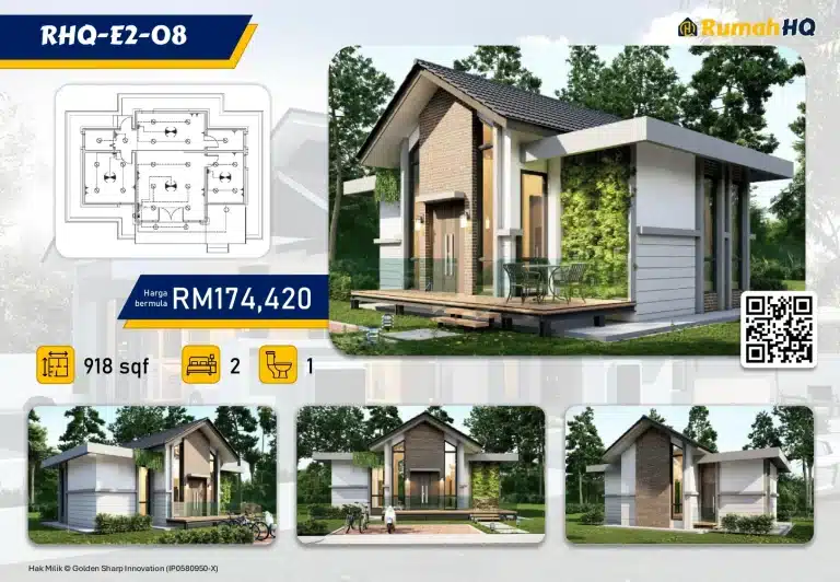 RHQ-E2-08 1 Modern tiny house design with 2 bedrooms, 1 bathroom, 918 sqft, priced at RM174,420. Includes architectural plan.