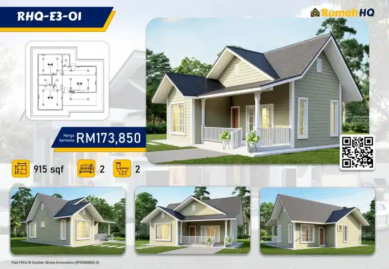 Single-story house design, 915 sqft, 2 bedrooms, 2 bathrooms, price RM173,850, with floor plan and exterior views.