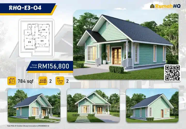 Modern green house design, 784 sqft, 2 bedrooms, 2 bathrooms, priced at RM156,800, with floor plan and QR code.