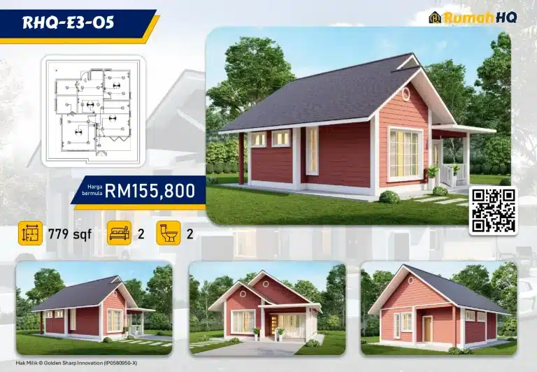 Single-story red house design, 779 sq ft, 2 bedrooms, 2 bathrooms, starting price RM155,800 with floor plan.