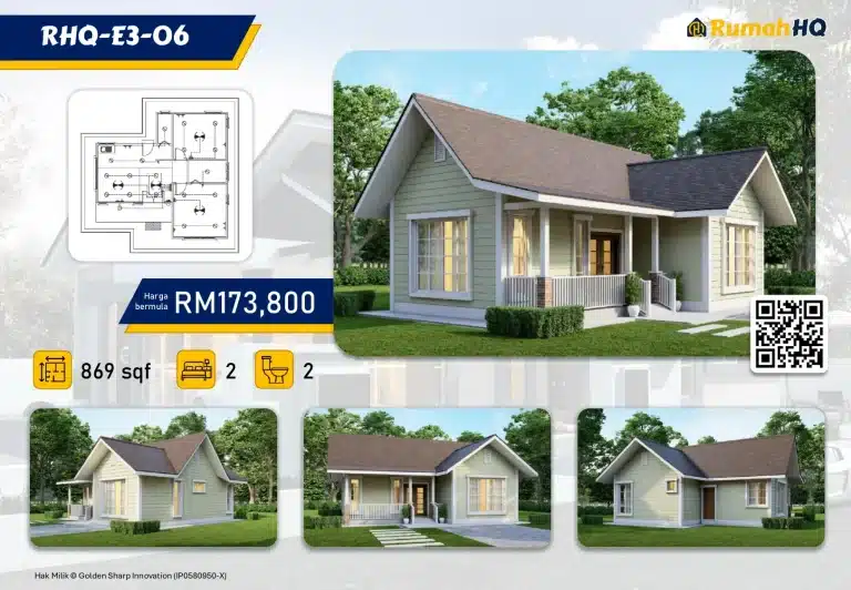 Single-story house design, 869 sqft, 2 bedrooms, 2 bathrooms, starting at RM173,800, with floor plan.