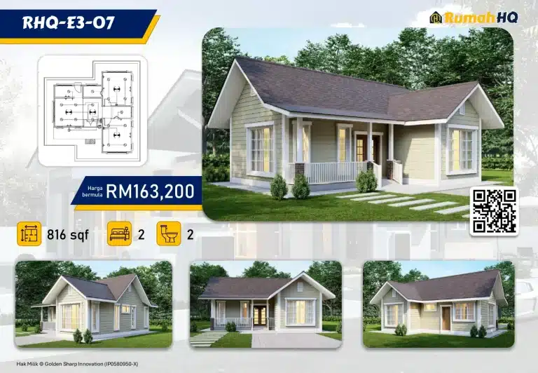 Cozy single-story house with 2 bedrooms, 2 baths; 816 sqft. Modern design priced at RM163,200. Floor plan included.