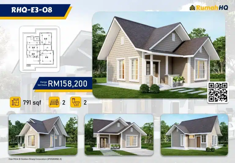 Single-story house design with 2 bedrooms, 2 bathrooms, priced at RM158,200, 791 sqft. QR code and floor plan included.
