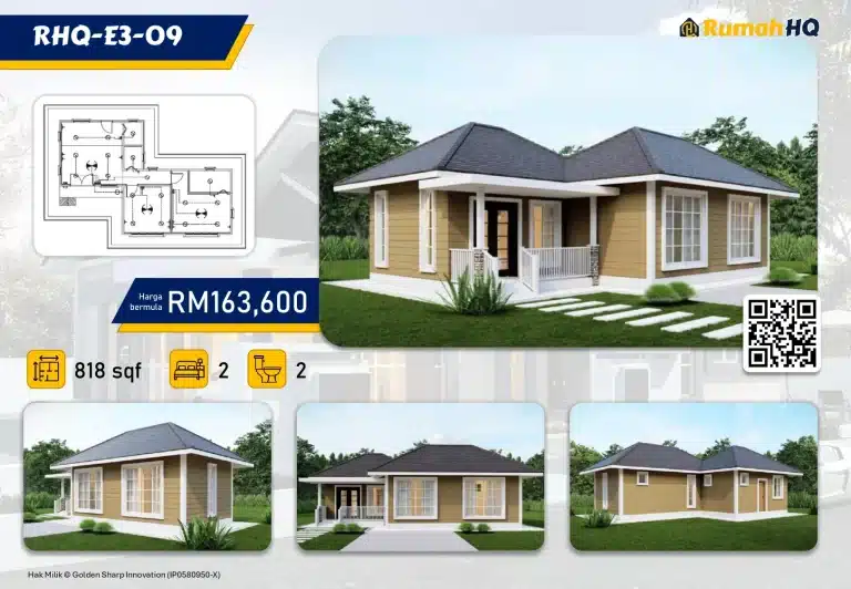 Single-storey house design RHQ-E3-09 with 2 bedrooms, 2 bathrooms, 818 sqft, priced from RM163,600.