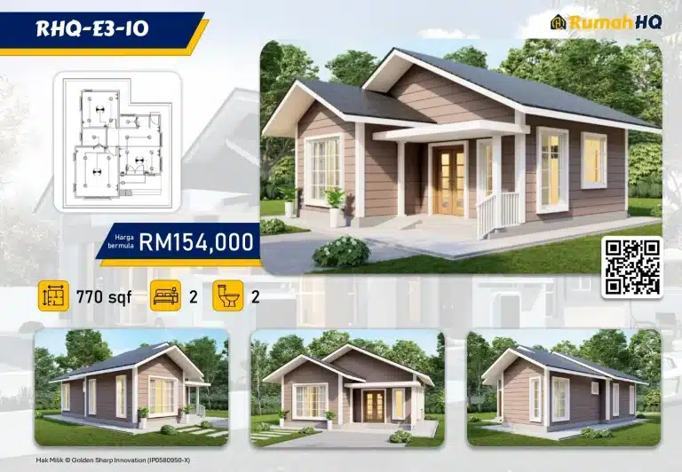 Modern single-story home, 770 sqft, 2 bedrooms, 2 bathrooms, priced at RM154,000 with floor plan and exterior views.