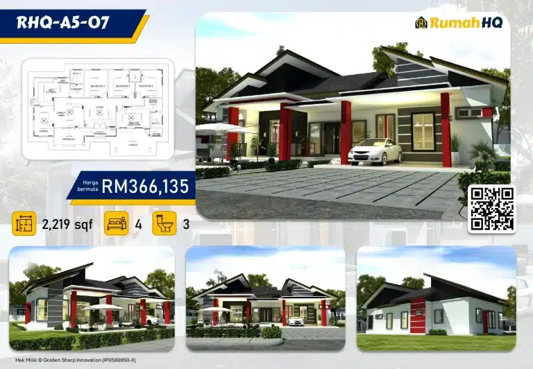 Modern single-story house with 4 bedrooms and 3 bathrooms, priced at RM366,135, 2,219 sq ft with floor plan.