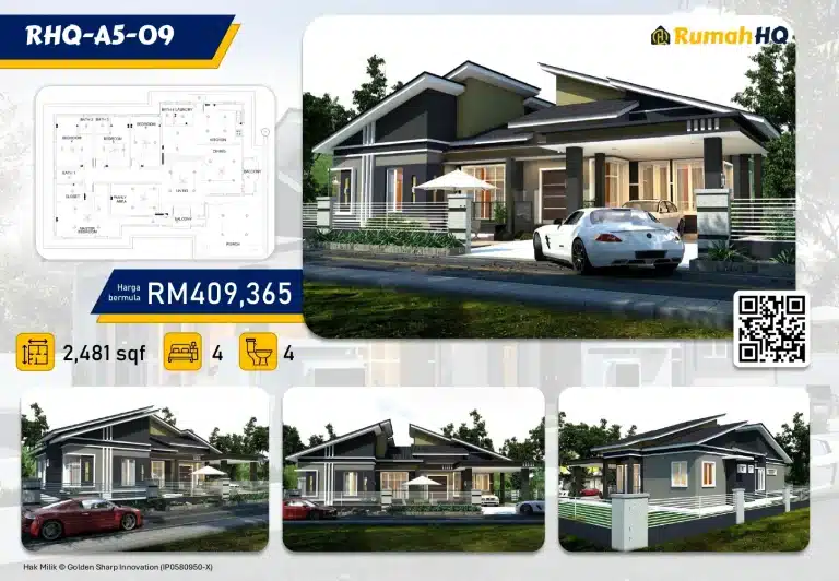 Modern house with 4 bedrooms, 4 baths, and 2481 sq ft for RM409,365 by Rumah HQ, includes floor plan and QR code.