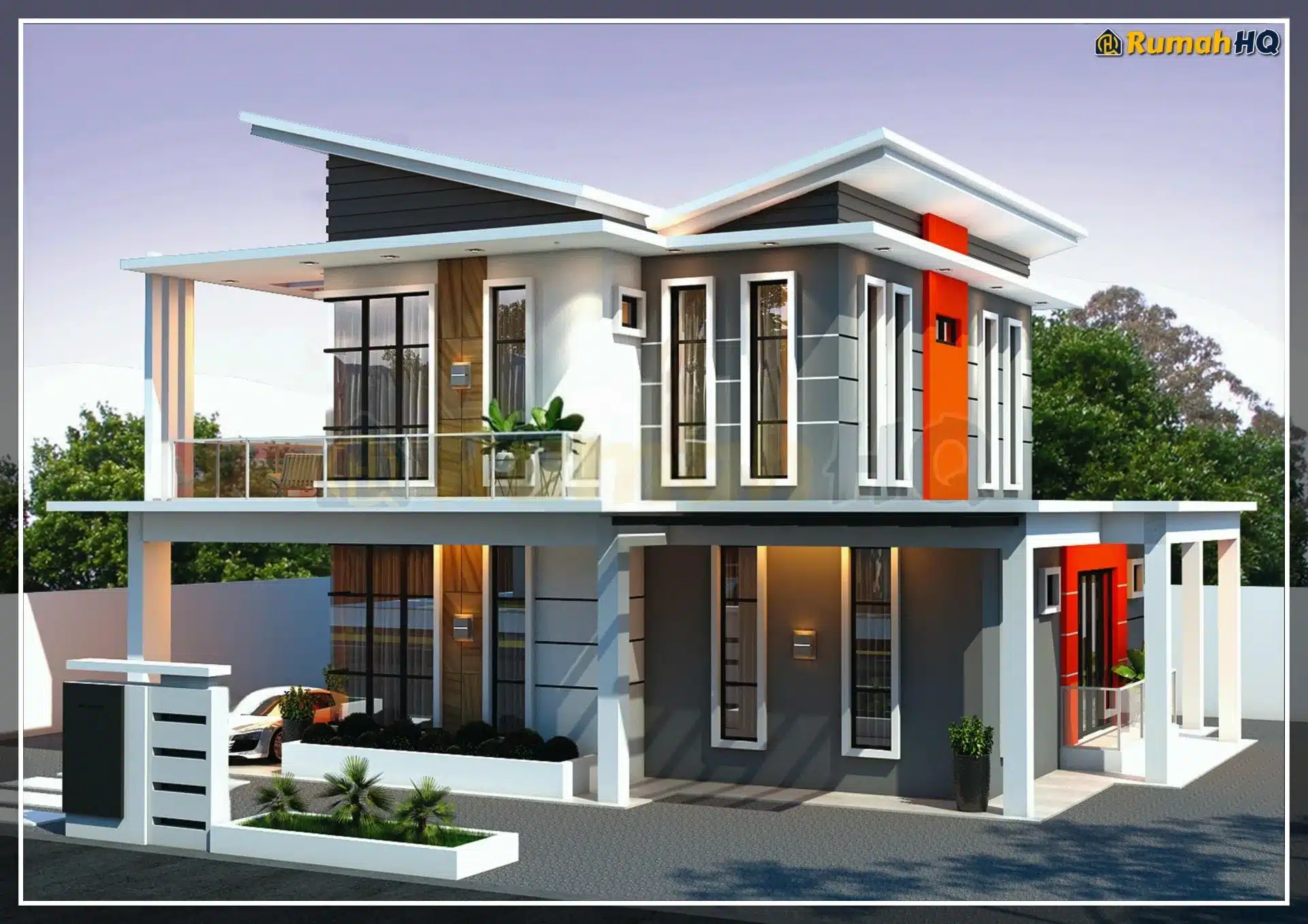 Modern two-story house design with large windows, stylish facade, and lush greenery.