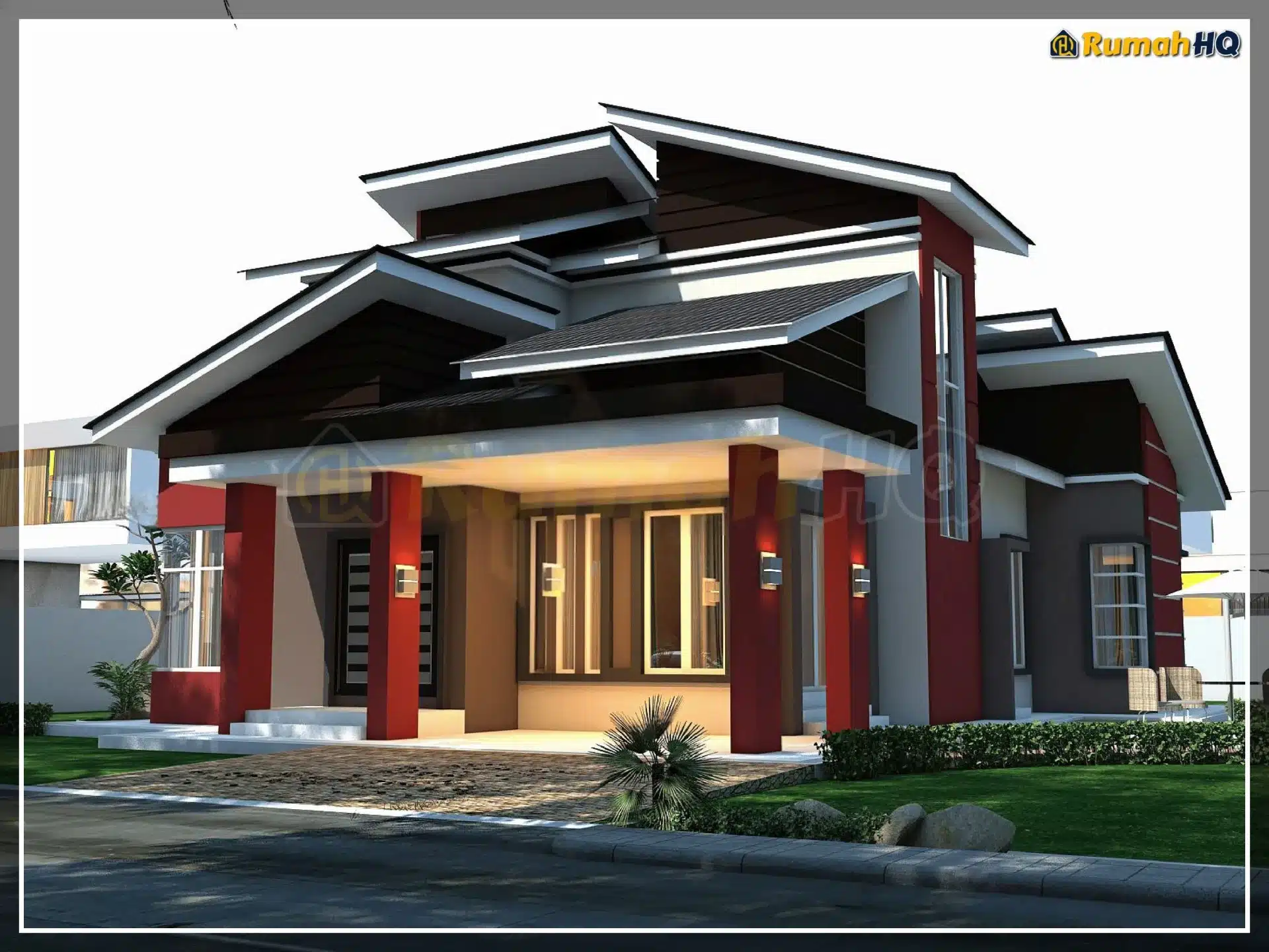 Modern two-story house with unique roof design and vibrant red accents.