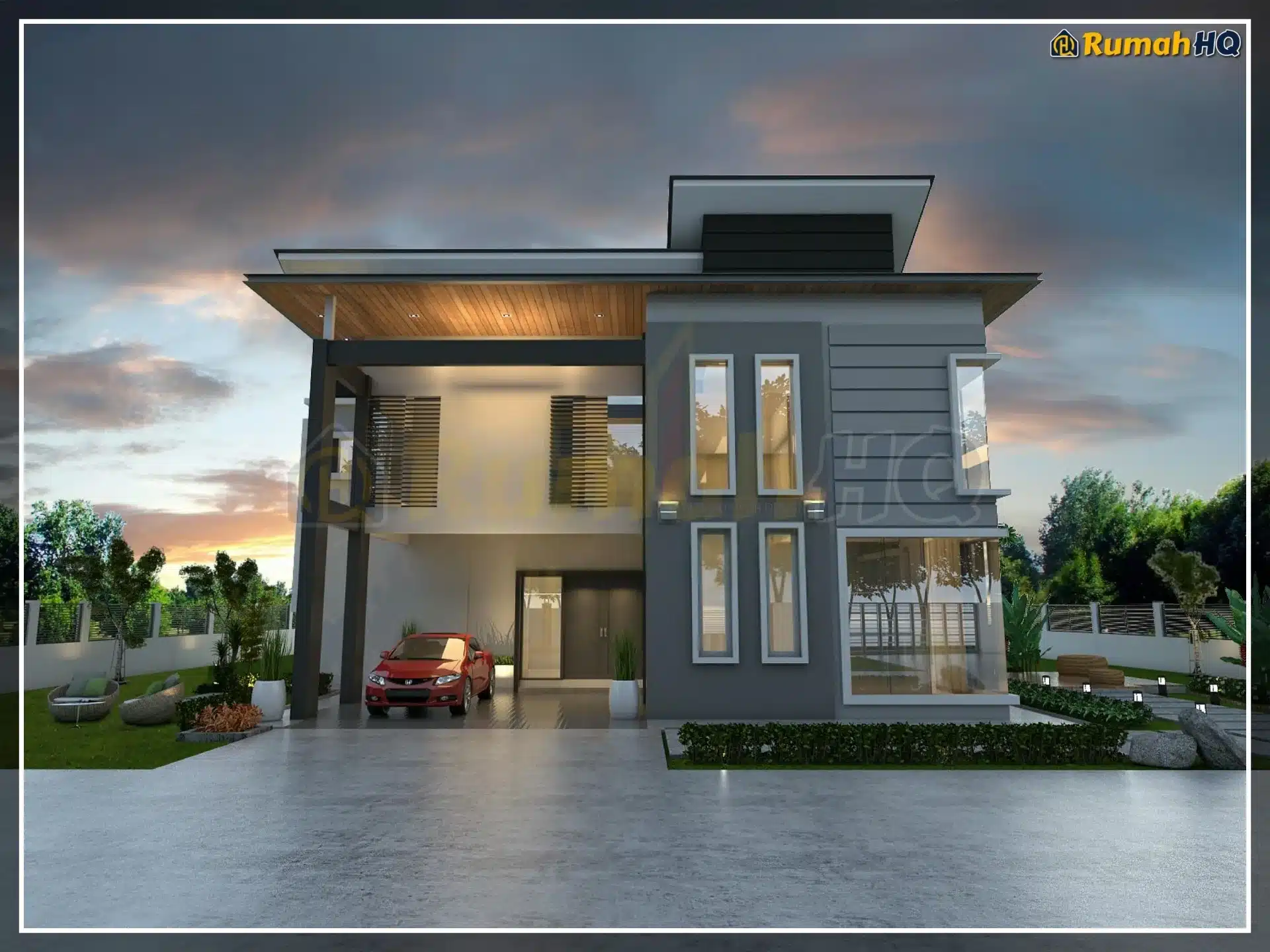 Modern two-story house with a sleek façade, large windows, and a driveway at sunset.