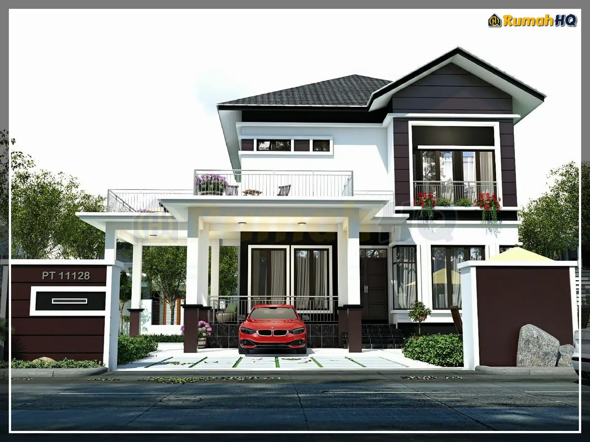 Modern two-story house with a red car parked in the driveway and lush greenery surrounding the property.
