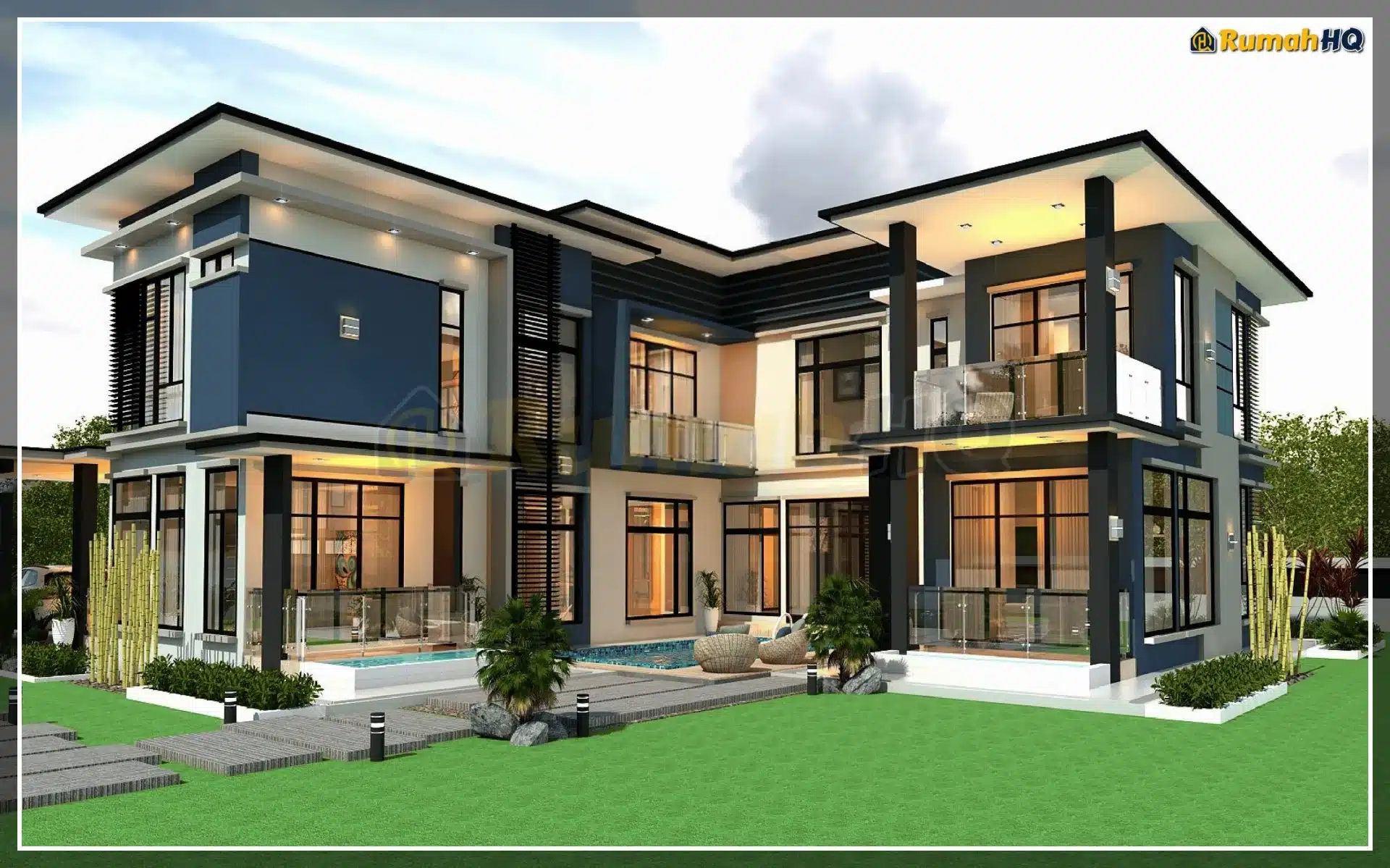 Modern luxury home with large windows, lush garden, and sleek architectural design under a clear sky.
