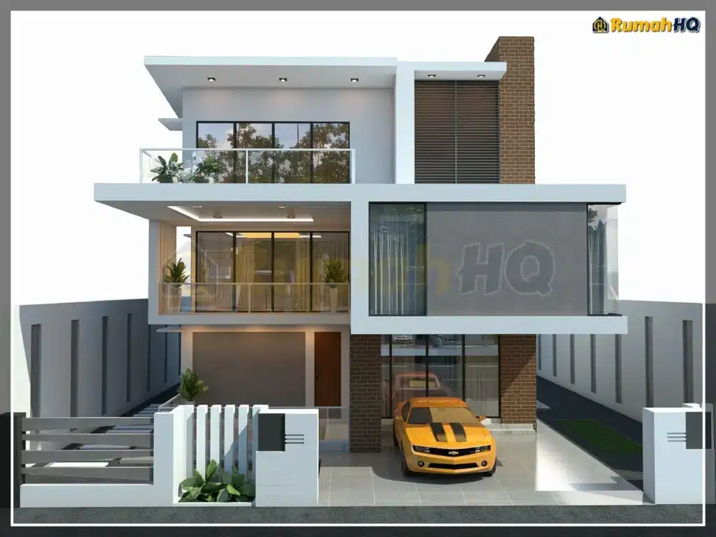Modern three-story house with glass balconies and brick accents, featuring a yellow car parked in the driveway.